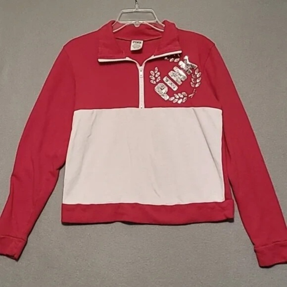 PINK Victoria's Secret Red White Quarter Zip Sweatshirt Sequin Logo - Size Small